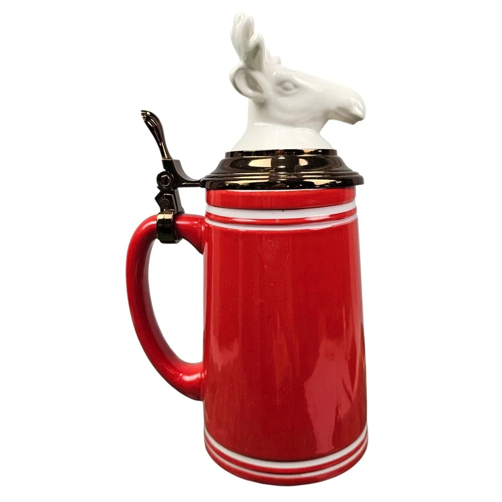 Threshold Red Stoneware Beer Stein with White Moose‎ Head Hinged Lid 9.5 Inch